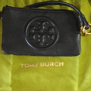 Tory Burch Black Pebbled Leather Logo Wristlet with Gold Hardware